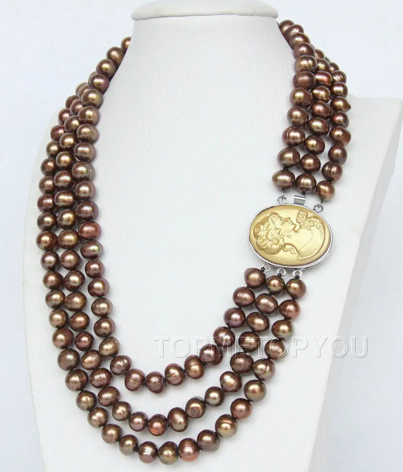 

Free Shipping>>new hot Genuine 3rows 9mm coffee cultured pearls necklace cameo clasp E2091