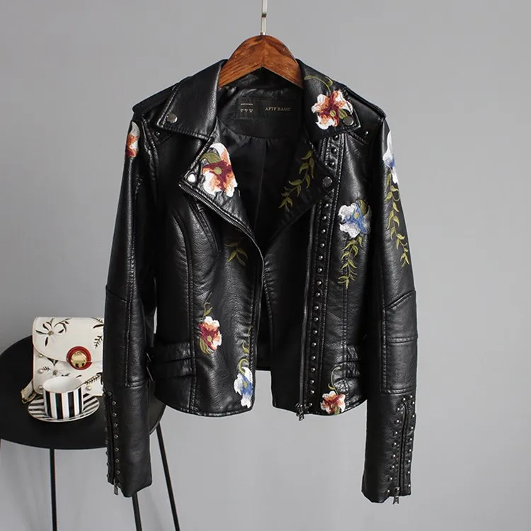 Women's Elegant Floral Embroidery Faux Leather Jacket Black Display Front