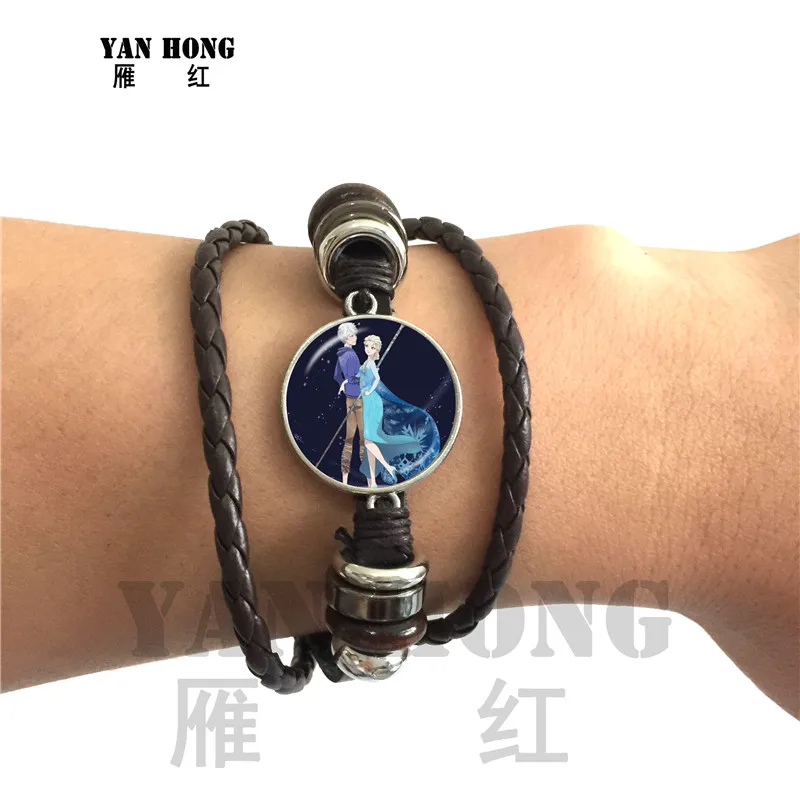 

2019Hotsale Elsa Anna Glass Dome Bracelet Cartoon Jewelry Round Glasses Black/Brown Leather Gift For Best Friends