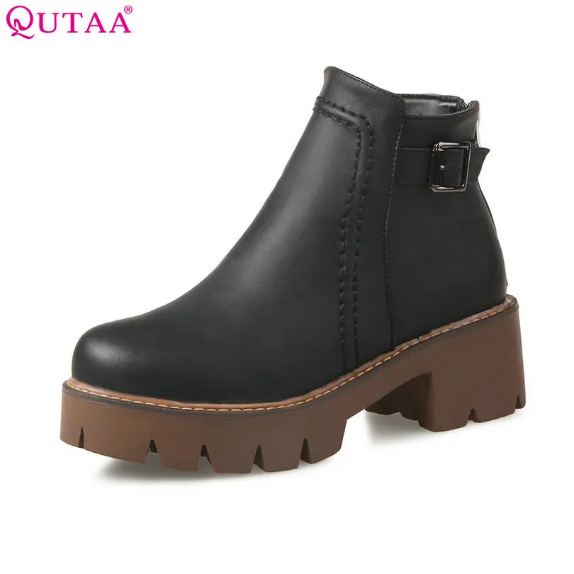 

QUTAA 2020 Square High Heel Woman Ankle Boots Women Shoes Round Toe PU leather PU Leather Ladies Motorcycle Boot Size 34-43