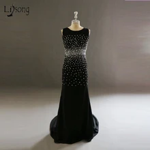Brillantes Cristales Sirena Vestido de Noche con la Espalda Hueca Brillante Con Cuentas Scoop Escote Longitud del Piso Formal Vestido de Noche Largo Negro