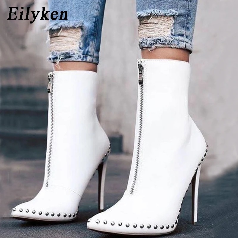 Eilyken/Новое поступление года; осенние женские ботильоны; обувь на высоком каблуке с заклепками; женские пикантные мотоботы с острым носком для женщин