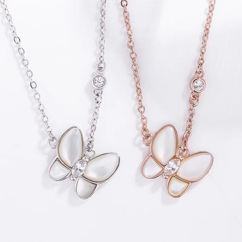 

White Natural Shell Crystal Butterfly Pendant 925 Sterling Silver Female Necklace Women Mother of Pearl Charm Choker Short Chain