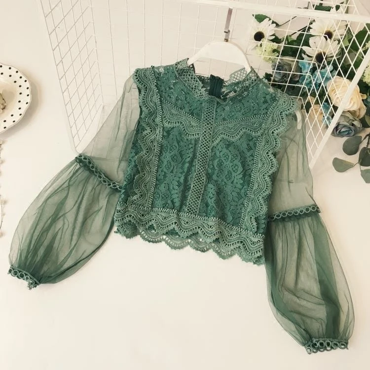  New Arrival Ladies Mesh Lace Hook Flower Lantern Sleeve Loose Retro Short Pullover Blouse Shirts Wo
