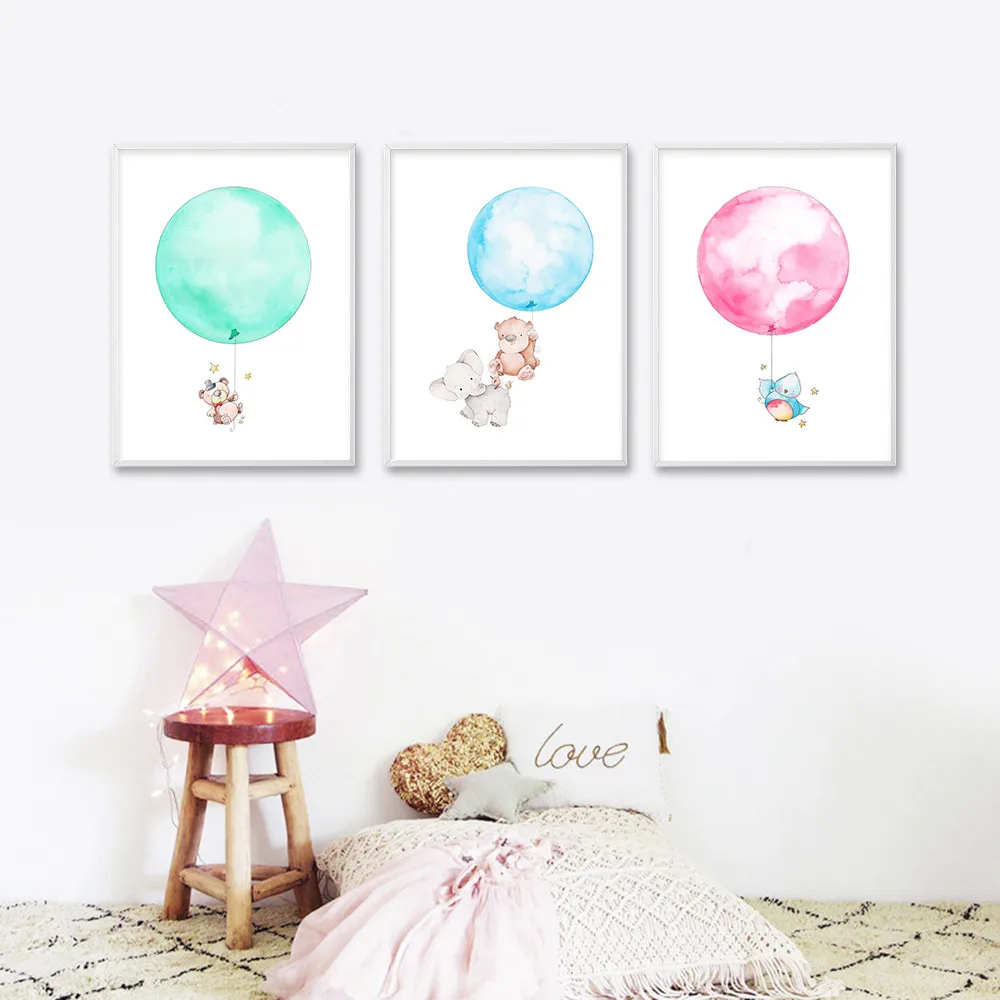 Watercolor-Balloon-Bear-Elephant-Cartoon-Poster-Print-Minimalist-Painting-Wall-Art-canvas-Picture-Nordic-Style-Kids