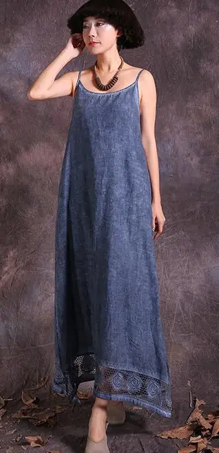 NINI WONDERLAND, летнее платье для девушек, без рукавов, на тонких бретелях, платья для женщин, старое хлопковое льняное длинное платье для женщин, винтажное - Цвет: blue
