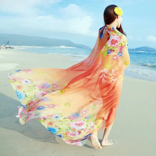 

Hot NEW Bandana Floral Printed Scarves Women Beach Shawl Girls Elegant Silky Chiffon Big Shawl Scarf Beach Cover Up Dress Sarong
