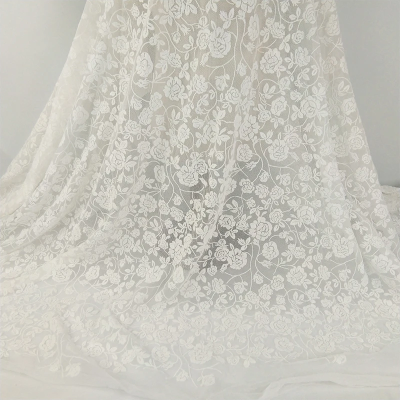 

5yards New Cotton Embroidery Lace Fabric Dress Material White/Apricot color Embroidery Mesh Wedding Garment Cloth Lace Fabric