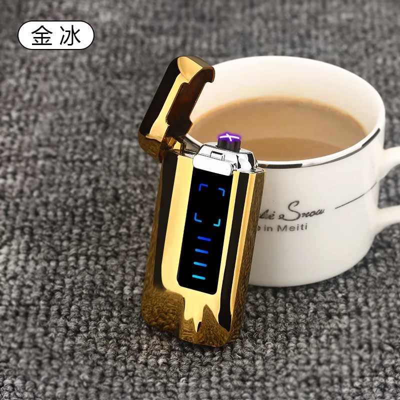 Сенсорная Индукционная электрическая зажигалка с дисплеем питания USB Электронная зажигалка для сигарет металлическая двойная дуговая плазменная зажигалка ветрозащитный подарок - Цвет: Gold