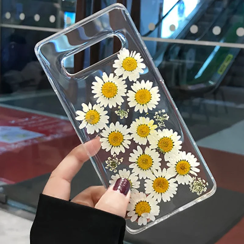 White Daisy Pressed Dried Flower Case For Samsung S7 Edge S8 S9 S10 Plus E Note 9 8 Handmade Transparent Silicon Fundas |
