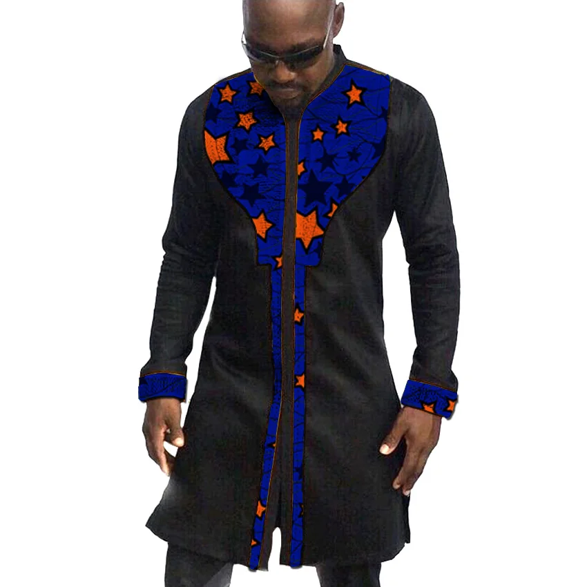 African men's long shirts black with print Ankara tops dashiki shirt men stand collar Ankara shirt wedding wear