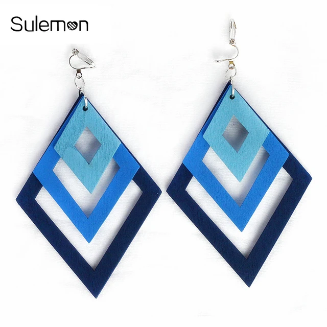 Fashion Rhombus wooden Earrings For Women Colorful Multilayer Wood Clip