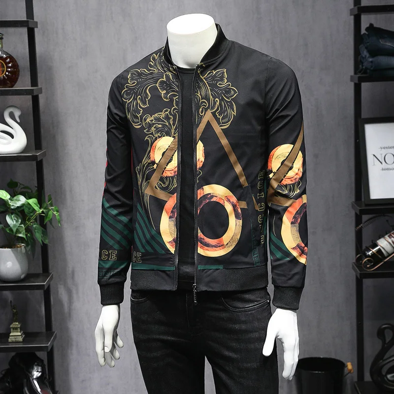 2019 Autumn Casual Fashion Jacket Men Gold Print High Quality Men's Streetwear Coat Slim Fit Stand Jackets Windbreaker Clothes 2019 Autumn Casual Fashion Jacket Men Gold Print High Quality Men's Streetwear Coat Slim Fit Stand Jackets Windbreaker Clothes
