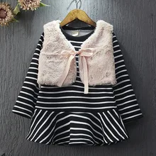 2PCS/2-6Years/Autumn Winter Children Dresses Clothing Sets Fake Fur Vest+Stripe Baby Girls Tutu Dress Korean Kids Clothes BC1049