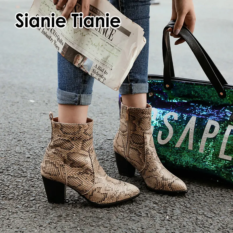 

Sianie Tianie 2019 winter new arrival woman shoes serpent snakeskin printing women ankle boots sexy motorcyle botas high heels