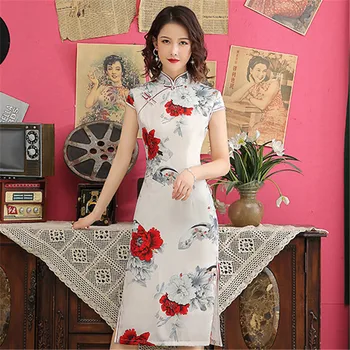 

Classic Female Mandarin Collar Qipao Sexy Satin High Split Cheongsam Elegant Print Flower Chinese Style Dress Oversize 3XL 4XL