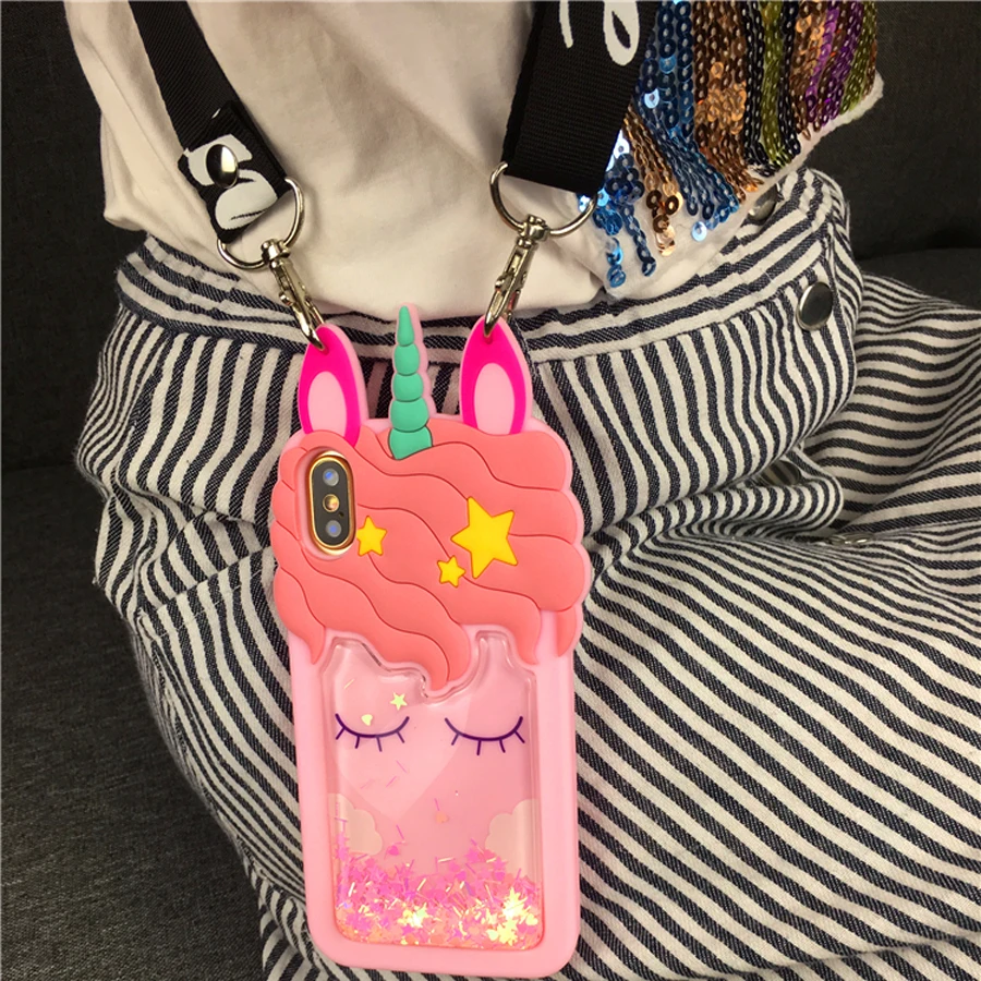 

case for iphone 8 7 6s 6 plus X XR XS MAX 5 se 5s case cover glitter bling Quicksand Unicorn shoulder strap soft silicone shell