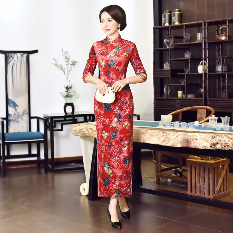 Китайский длинное платье Для женщин бархат среднего рукавом Cheongsam