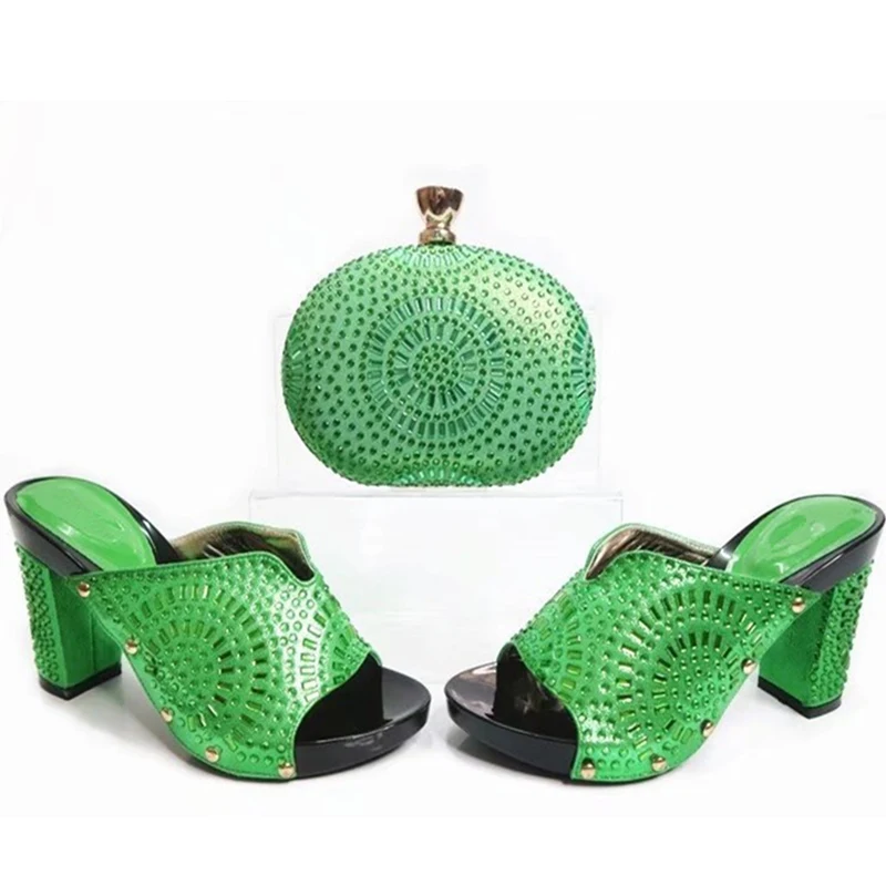 New Arrival Green Color Matching Women Shoe and Bag Set Decorated with