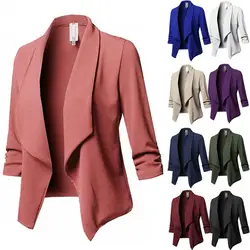 Осень 2018 г. Новый для женщин куртка с открытым воротом Мода рюшами плюс размеры куртка женская однотонная Короткая Повседневная Верхняя