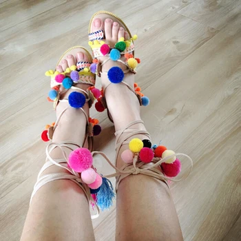 

Woman Sandals Handmade Rome Gladiator Sandals Women Flat Shoes Fringed Tie Up Open Toe Sandals Fur Cross Strap PomPom Sandals 5