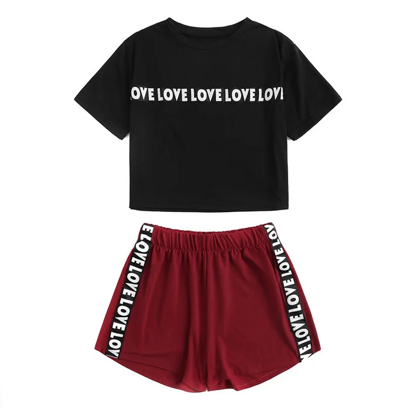 Spring Summer Casual Sport Letter Short Sleeve Summer O-Neck Top And Mini Shorts Set Casual Suit Conjuntos De Mujer 40MA22 (3)