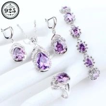 Свадебные фиолетовые кубические циркония свадебные серебряные 925 Ювелирные наборы серьги для женщин Ювелирное кольцо кулон ожерелье набор подарочная коробка