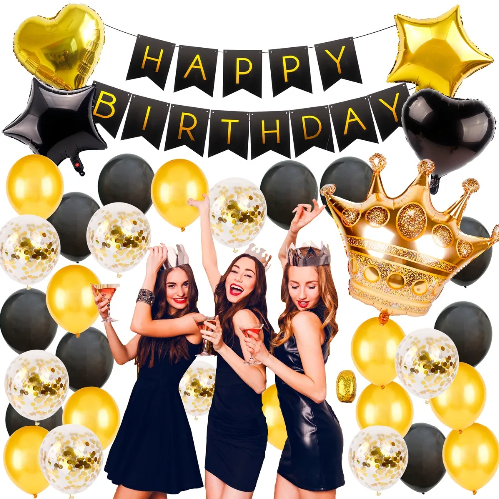 

QIFU 37pcs Black Gold Ballon Set Happy Birthday Balloon Foil Balloon Birthday Party Decor Kids Adult Inflatable Balloon Balony