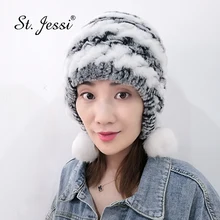 ST. Jessi женская шапка из натурального меха кролика Рекс, толстые теплые закрытые уши ручной работы, вязаные с 3 помпонами из кроличьего меха