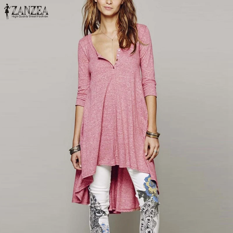 Vestidos 2018 Spring ZANZEA Women Casual Loose Cotton Half Sleeve Sexy V Neck Button Irregular Hem Solid Dress Plus Size Tee Top