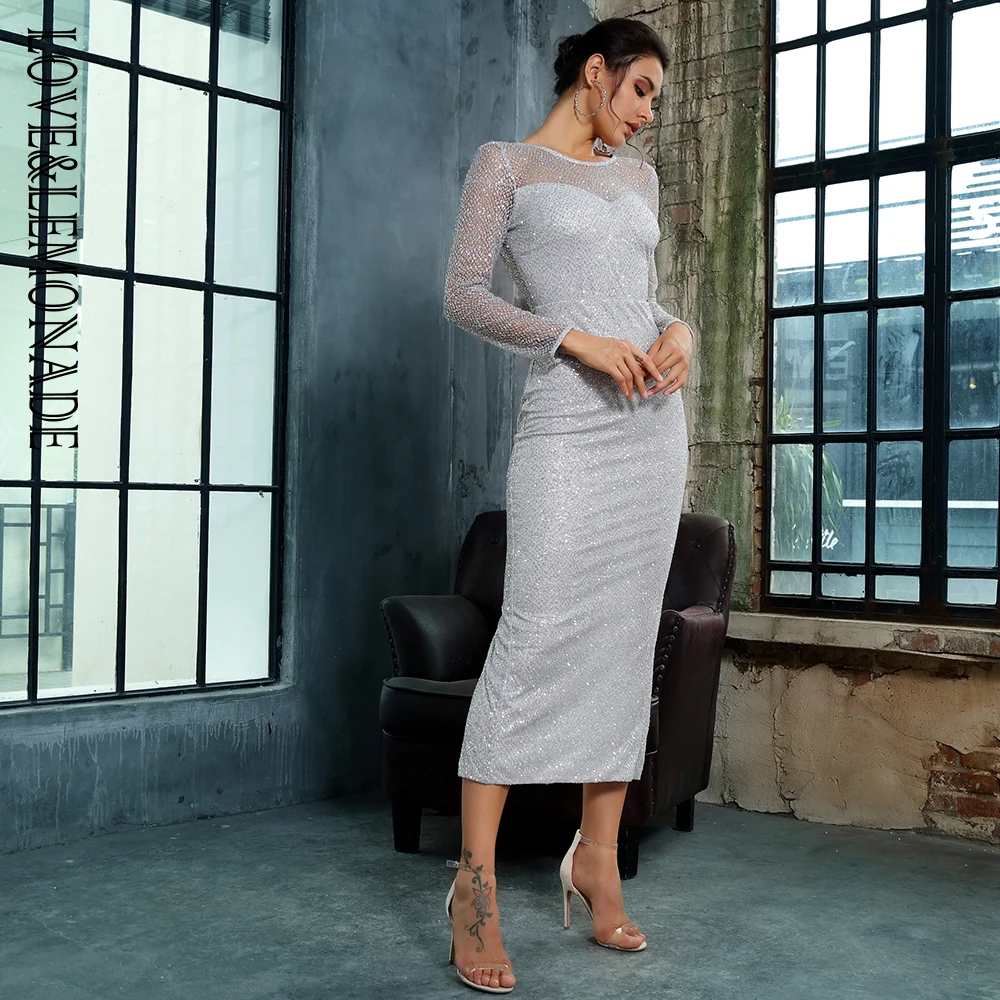 

LOVE&LEMONADE Navy 0-Neck Open Back Glued Material Mid-Calf Dress LM81350