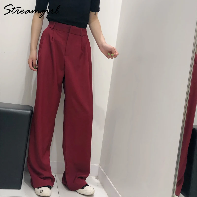 Streamgirl/широкие красные брюки для женщин; Летние офисные женские брюки; повседневные винтажные свободные брюки с высокой талией; женские летние брюки
