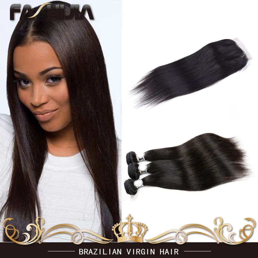 Brazilian Virgin Hair With Closure 4 Bundle Weave Bundles Straight 4*4 Human |