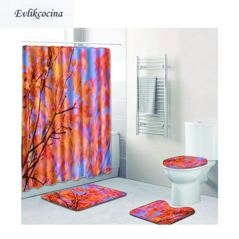 Free Shipping 4Pcs Red Maple Tree Banyo Paspas Bathroom Bath Mat Set Anti slip Tapete Banheiro Washable Toilet Rug Alfombra Bano | Дом и сад