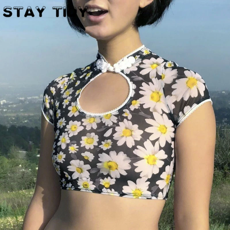 STAY TIDY Cheongsam Mesh с цветочным принтом рубашка полосатым на одно плечо женская 2019