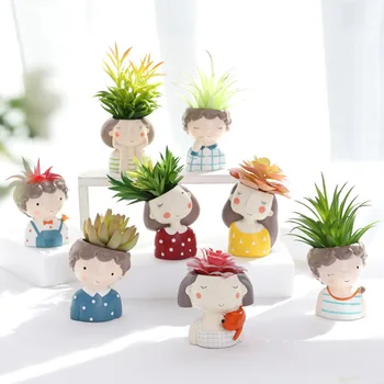 

Fleshy plant flowerpot home deco Tabletop decoration landscape plants Resin cute girl boy cartoon 8 styles painting