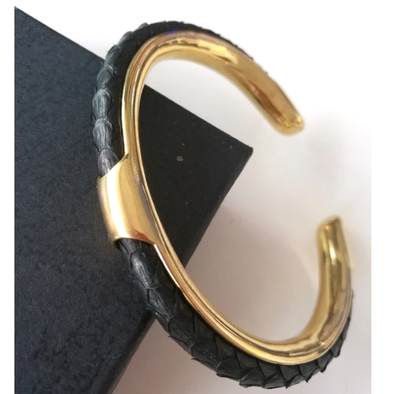 Beichong Classic Gold color Hardware& Men Black Python Bangle Genuine 5mm Python Bracelet For Men Custom Color Leather Bangles