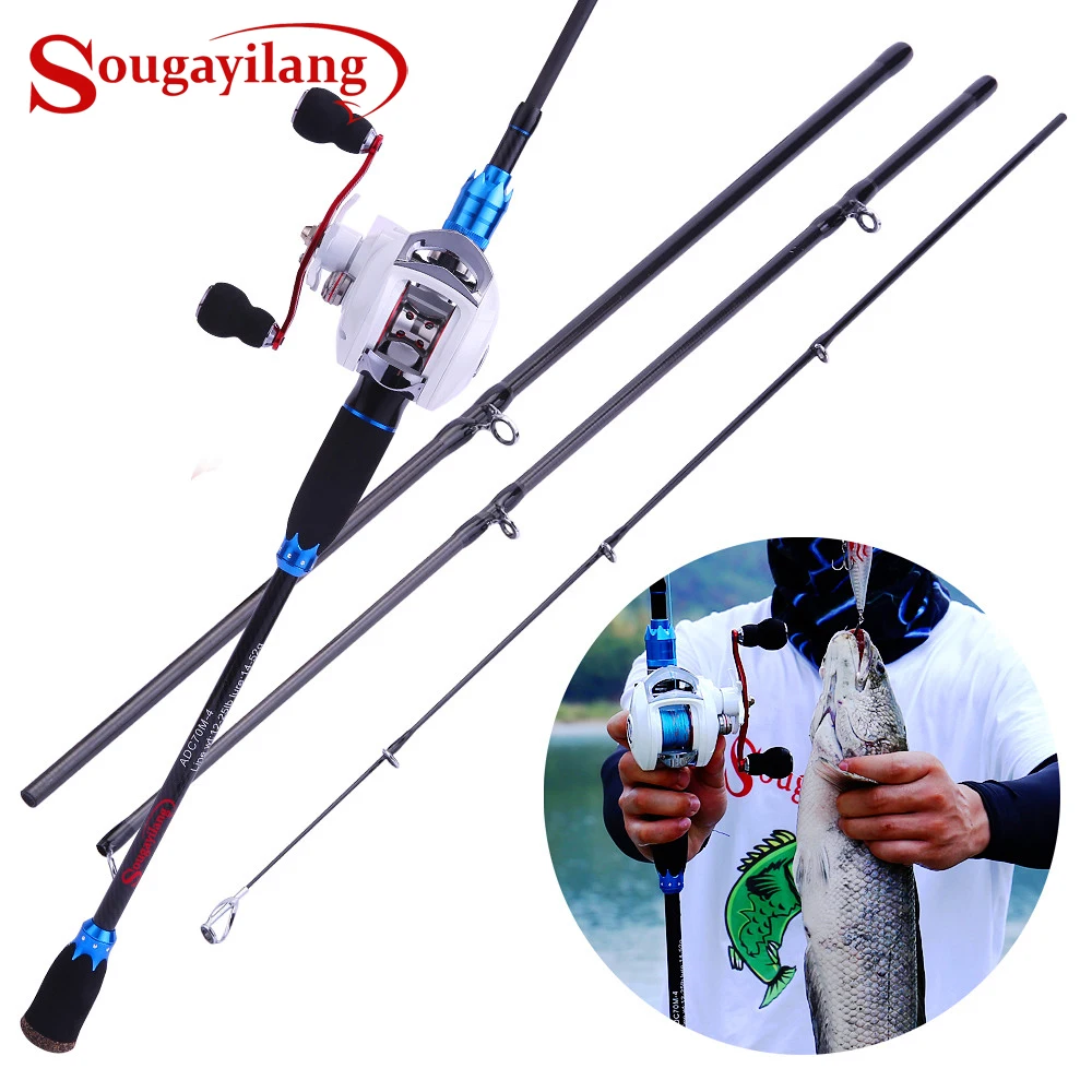 Sougayilang Lure Fishing Rod and Baitcasting Reel Combo 4 Sections Carbon Spinning Rod and 18+1BB Casting Reel Sets Pole Pesca