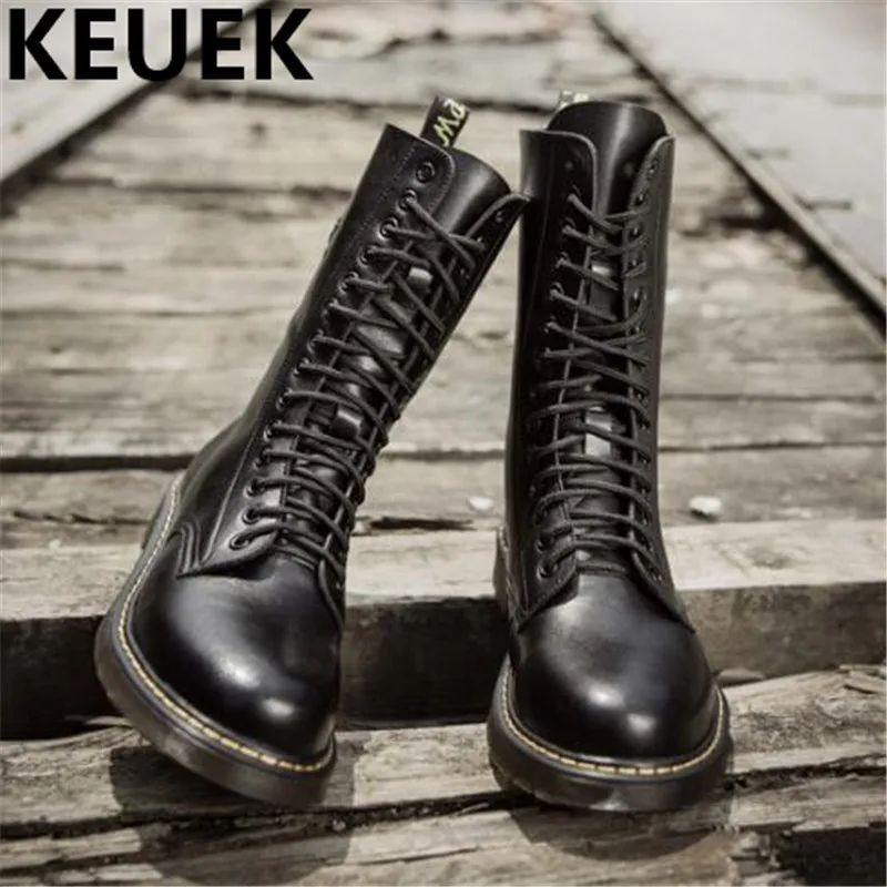 Big size Vintage Men Mid-Calf Army boots Lace-Up Genuine leather Motorcycle boots Non-slip Wear-resistant Outdoor work boots 3A