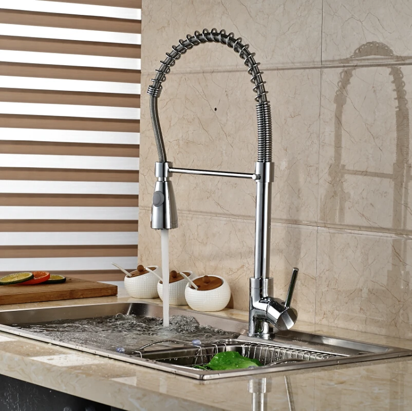 

Deck Mount Single Handle Spring Kitchen Faucet Hot Cold Water Taps with Dual Sprayer Nozzle