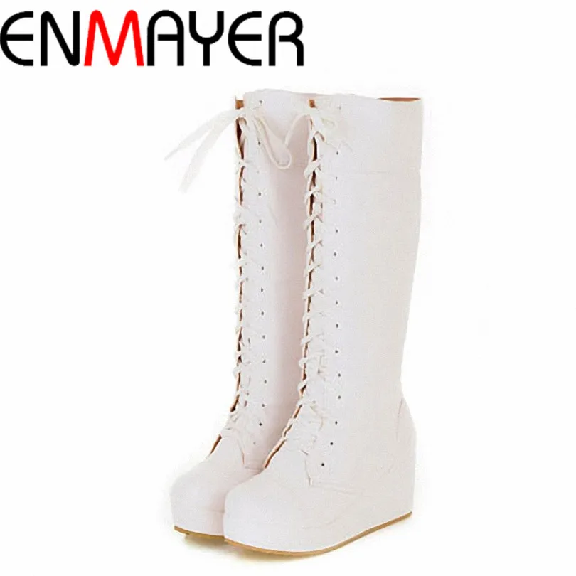 

ENMAYER  Round Toe Wedges Knee High Boots Solid Lace Up Knot Fashion Boots Black White PU Martin Boots for Women Size 34-43