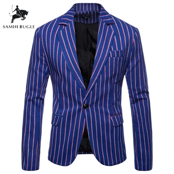 

New Tide Blue Stripe Men Suit Jacket Stage Wear Masculino Slim Fit Fashion Casual Mens Blazer Jacket