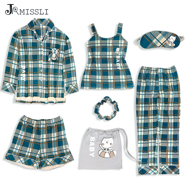 

JRMISSLI 2019 Green Plaid Woman Pajamas Set Cotton Simple Female Home Wear Clothing 7 Pieces Pyjamas Suit