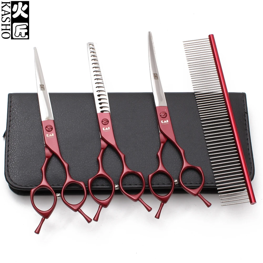 

7" Japan 440C Kasho Red Grooming Scissors Cutting Scissors Thinning Shears Dog Curved Shears Professional Pet Scissors Set H3009