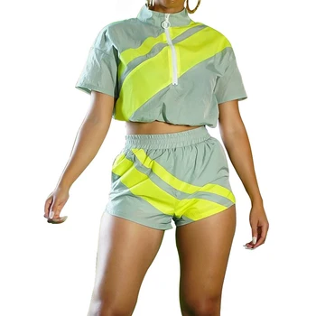 

Casual Sunproof Patchwork Turtleneck Plus Size Women Two Piece Sets Zipper Short Sleeve Crop Top Shorts Tracksuit Match Sets
