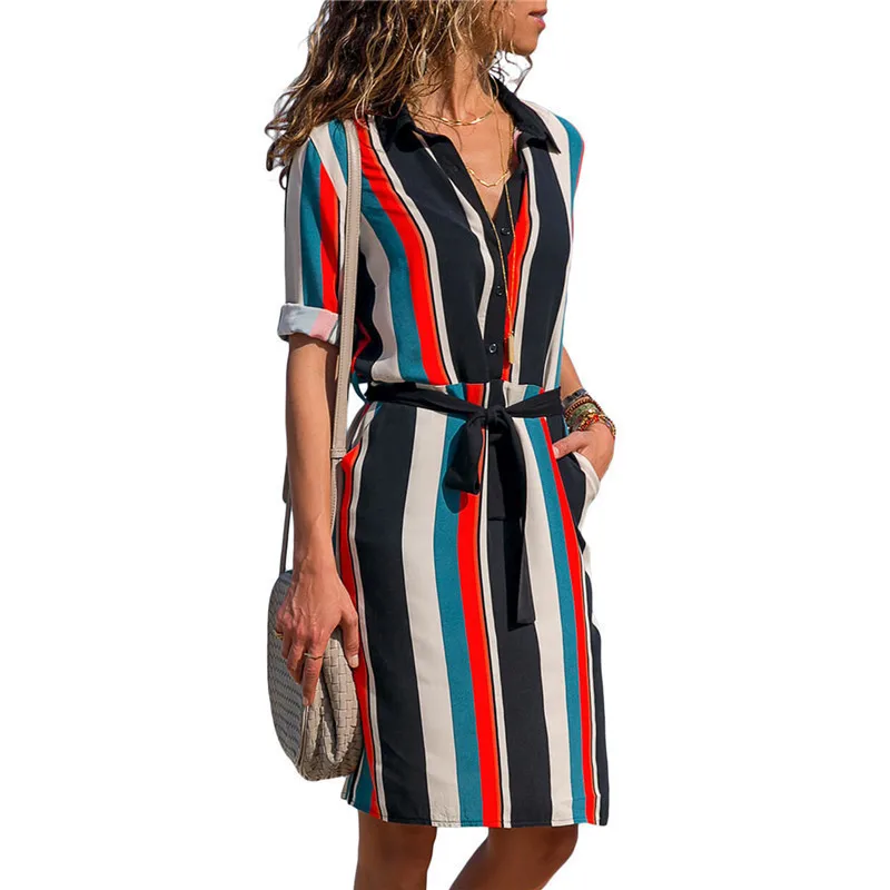 

2019 Summer Long Sleeve Shirt Dress Chiffon Boho Beach Dresses Women Casual Striped Print A-line Mini Party Dress Vestidos