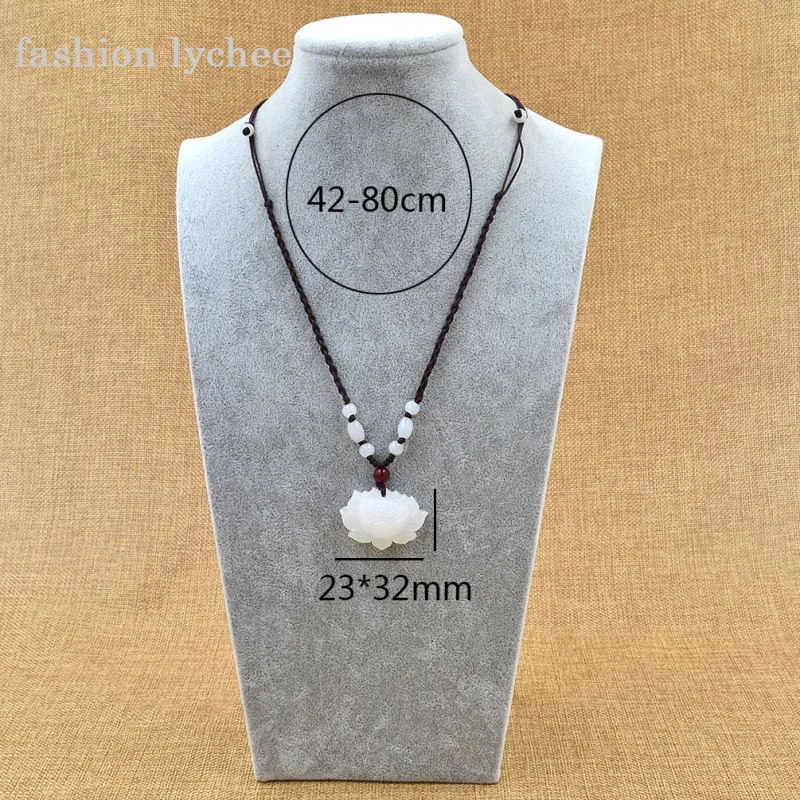 

fashion lychee Hand Carved Natural White Imitative Snow Lotus Flower Pendant Necklace Rope Beads Chain Long Statement Necklace