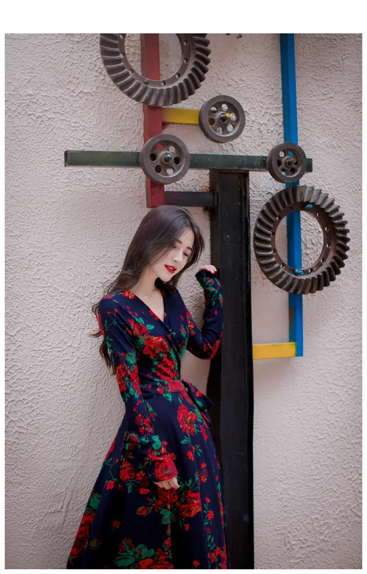 Stylish V-neck Long Sleeve Tie-waist Big Hem Print Dress (11)