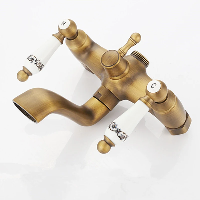Classic Shower Faucet Set Mixer Tap Antique Bronze Decor Ceramic Brass Wall Mounted Bath Shower Tap Bathtub Faucet Crane H-01
