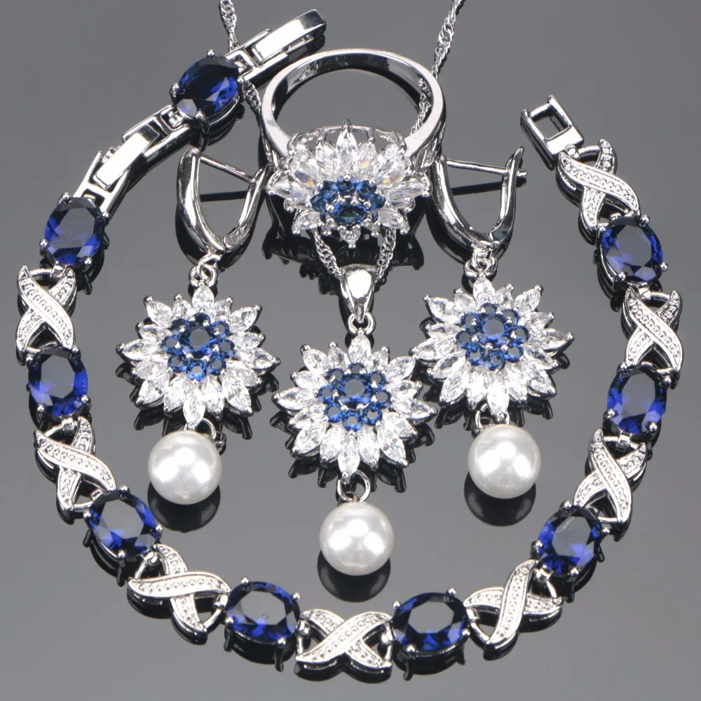 Wedding Costume Blue Zirconia Jewelry Sets Women Stone Bridal Pearl